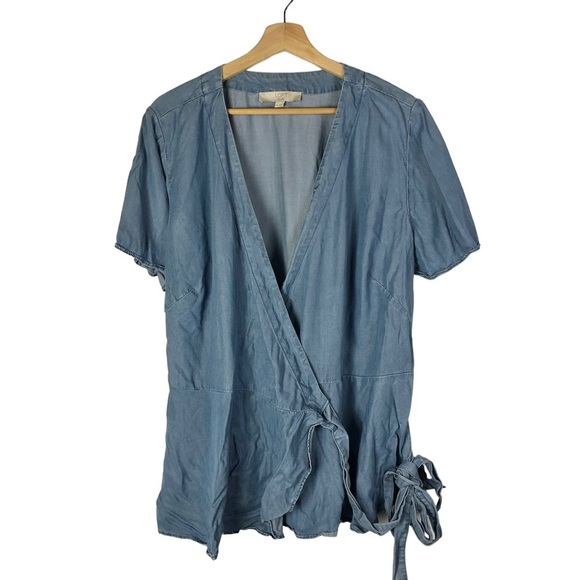 Ann Taylor LOFT Plus Blue Chambray Wrap Short Sleeve Top 18 - Picture 2 of 5